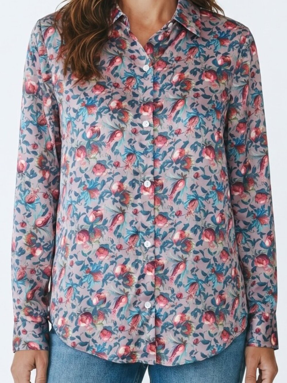 Elie Tahari Romantic Floral Silky Satin Button Up Blouse Top Women's size M
